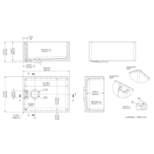 Butler & Rose Ceramic Fireclay Belfast Traditional Kitchen Sink with Weir Overflow - 595 x 455mm